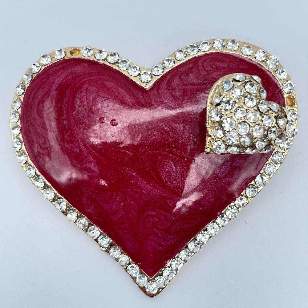 Vintage 90s Pink Enamel Heart Brooch Gold Tone Glass Trembler Pin Statement
